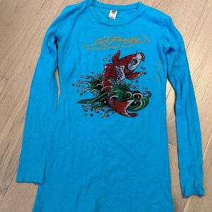 Vintage Ed Hardy Blue Koi Fish Long Sleeve Short Dress Size S Y2K ~ Bedazzled!